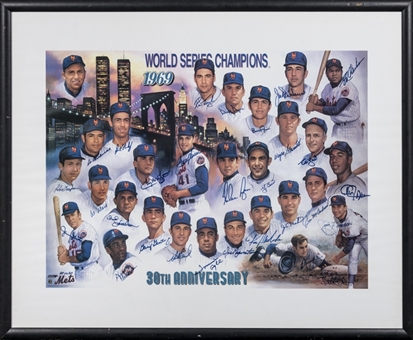 1969 New York Mets Team Signed World Series 30th Anniversary Litho With 28 Signatures in 34x28 Framed Display (JSA)